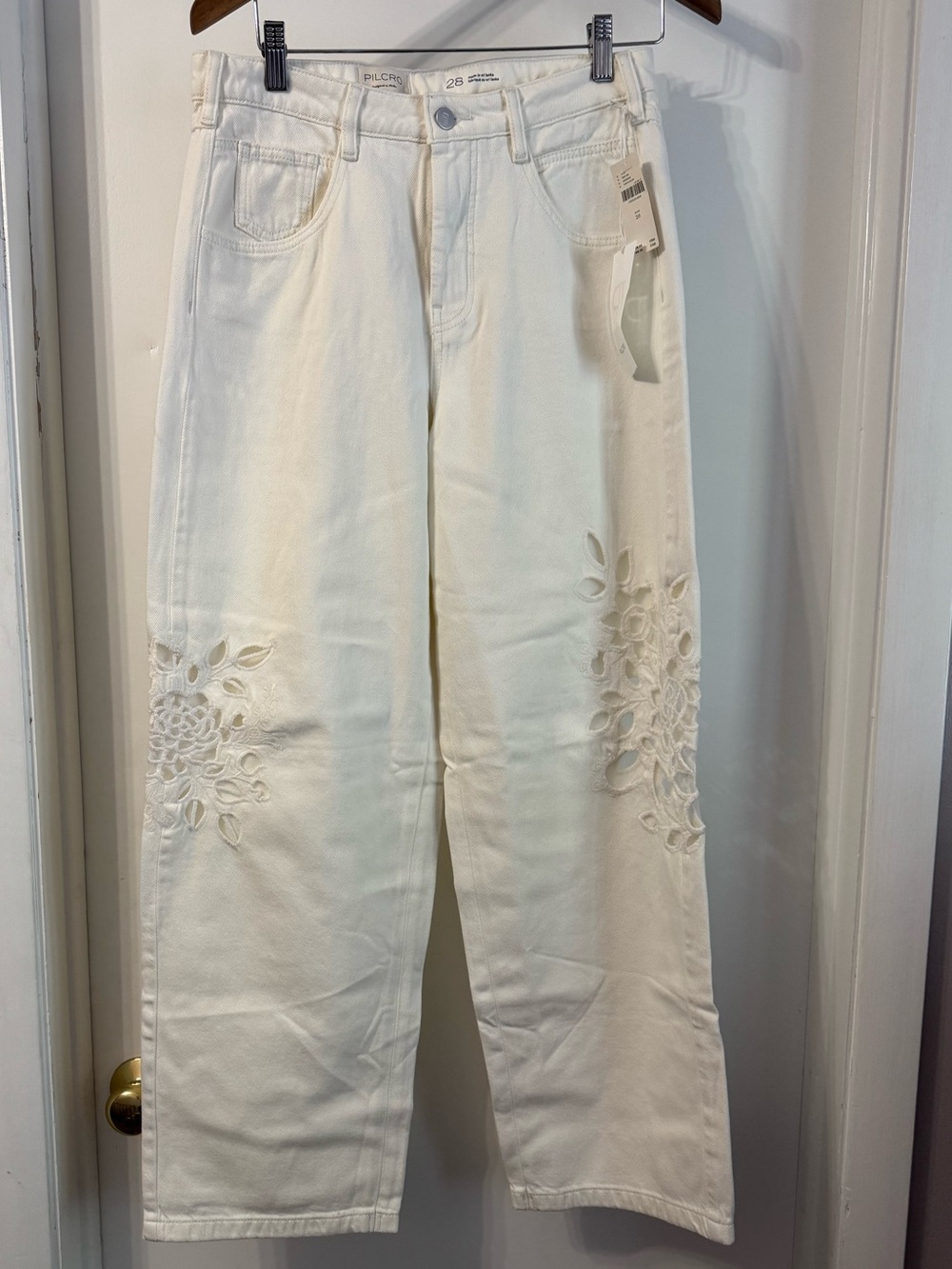 Pilcro Cream Wide Leg Jeans with Floral Appliqué - Women